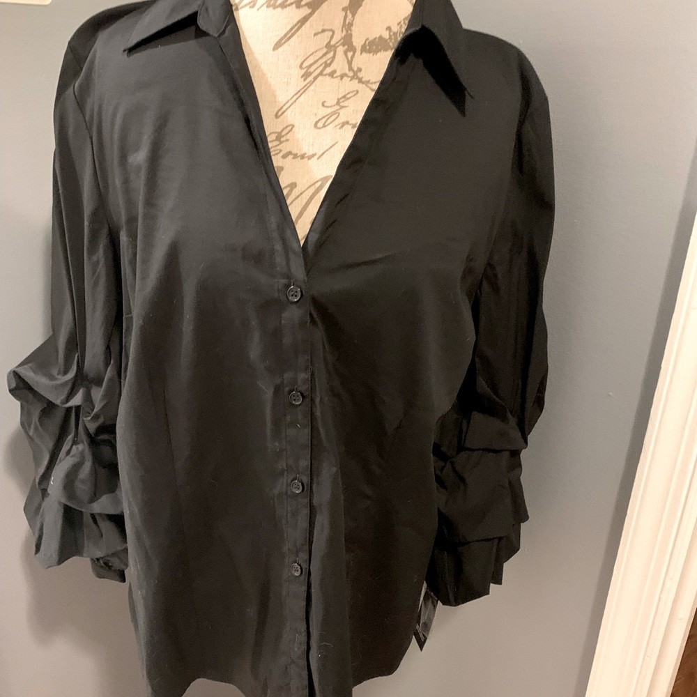 INC new with tags black ruffled sleeve button front blouse XL.